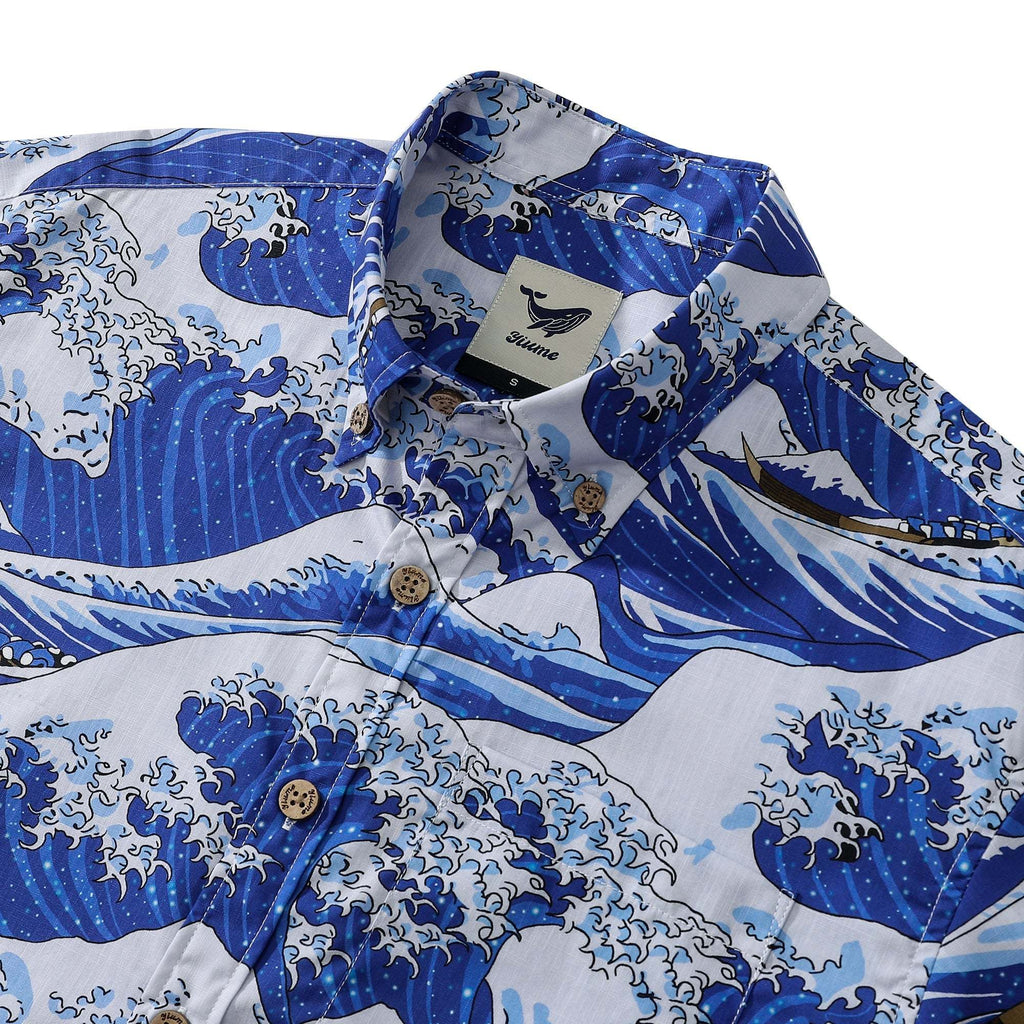 Mens Great Wave Shirt Blue Hawaiian Shirt Short Sleeve Button-down 100% Cotton Japanese Ukiyo-e Shirt By Amy