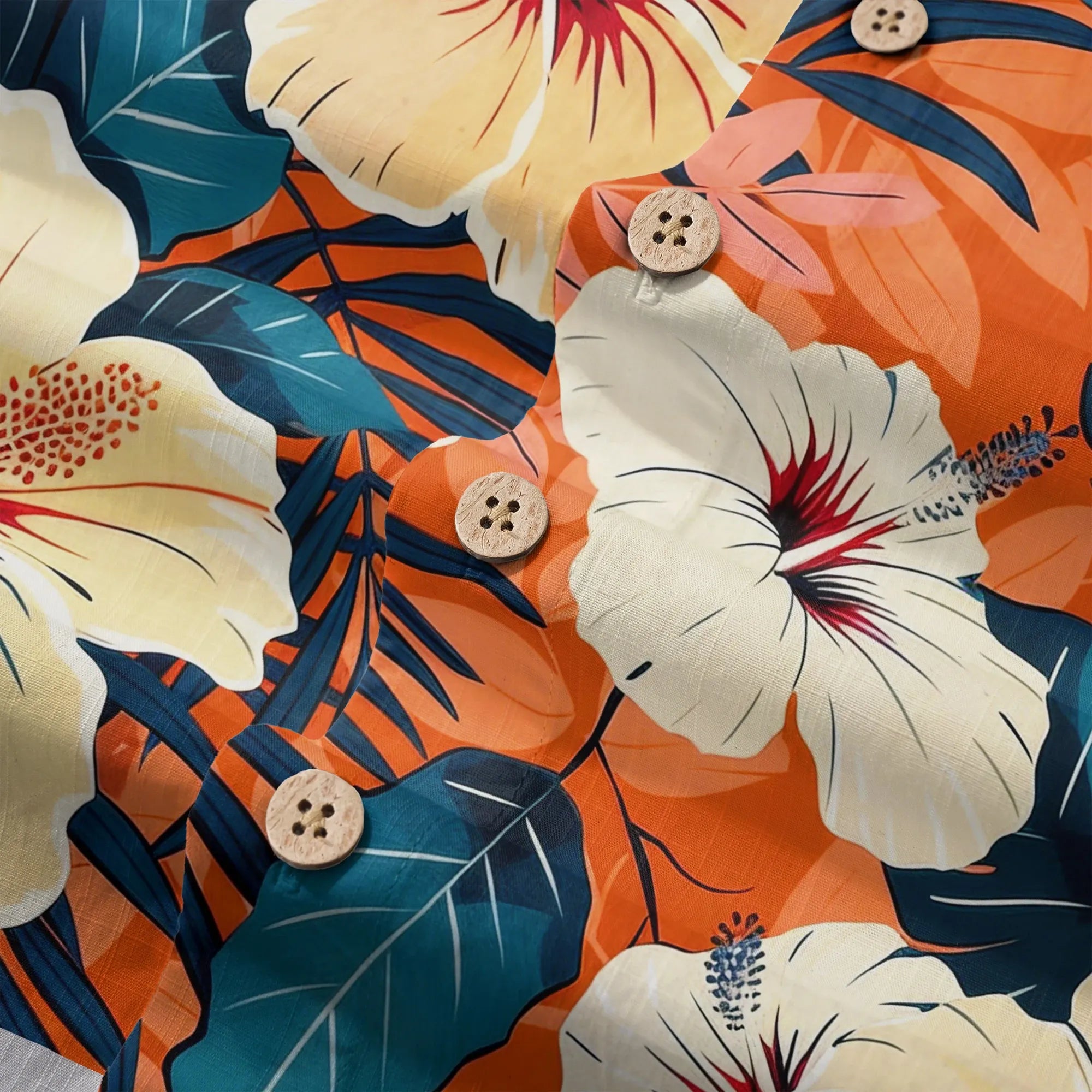 LeosWare® Men's Hawaiian Shirt Short Sleeve Button-up 100% Cotton Orange Aloha Blooming Orange Hibiscus By Ann