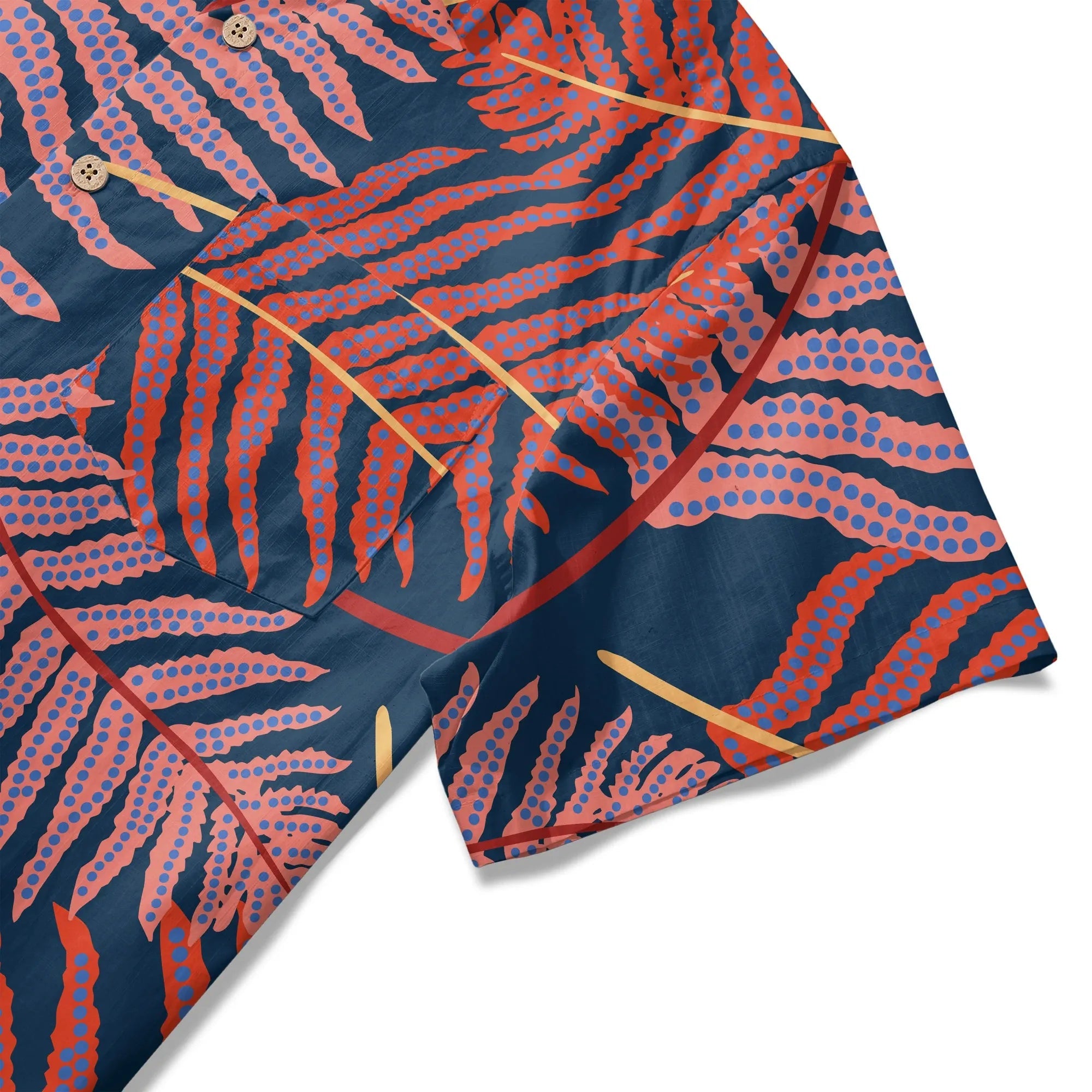 Chemise hawaïenne pour hommes LeosWare® à manches courtes boutons en 100 % coton bleu Aloha fougères rouges ombres nocturnes par Ann