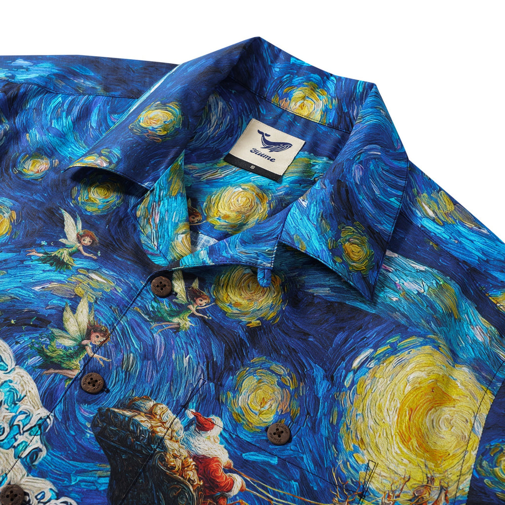 Christmas Gift Men's Hawaiian Shirt Van Gogh Art Shirt Camp Collar 100% Cotton Blue Starry Christmas Magic With Van Gogh By Huan huan