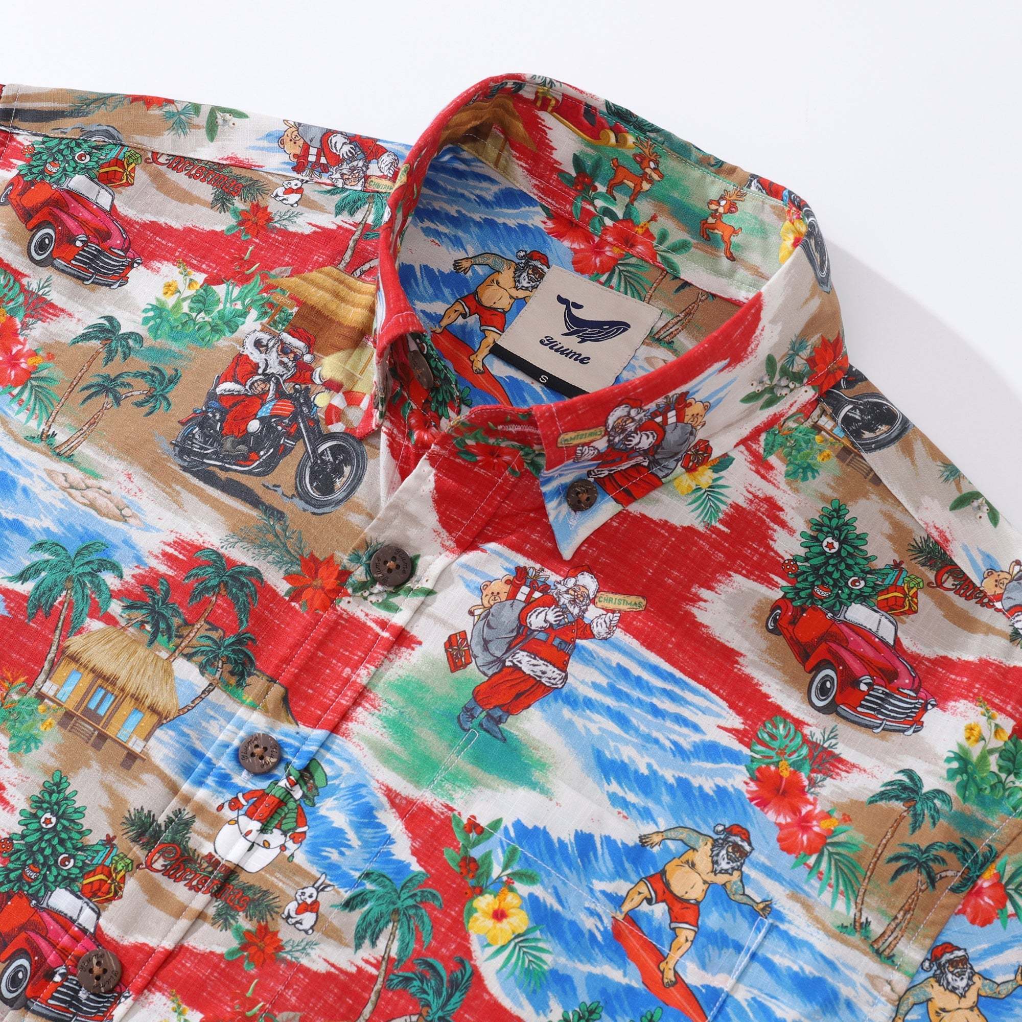 Christmas Santa's Wild Rides: Harley and Surf Men's Button-down Shirt 100% Cotton Santa Claus On A Harley By Amy
