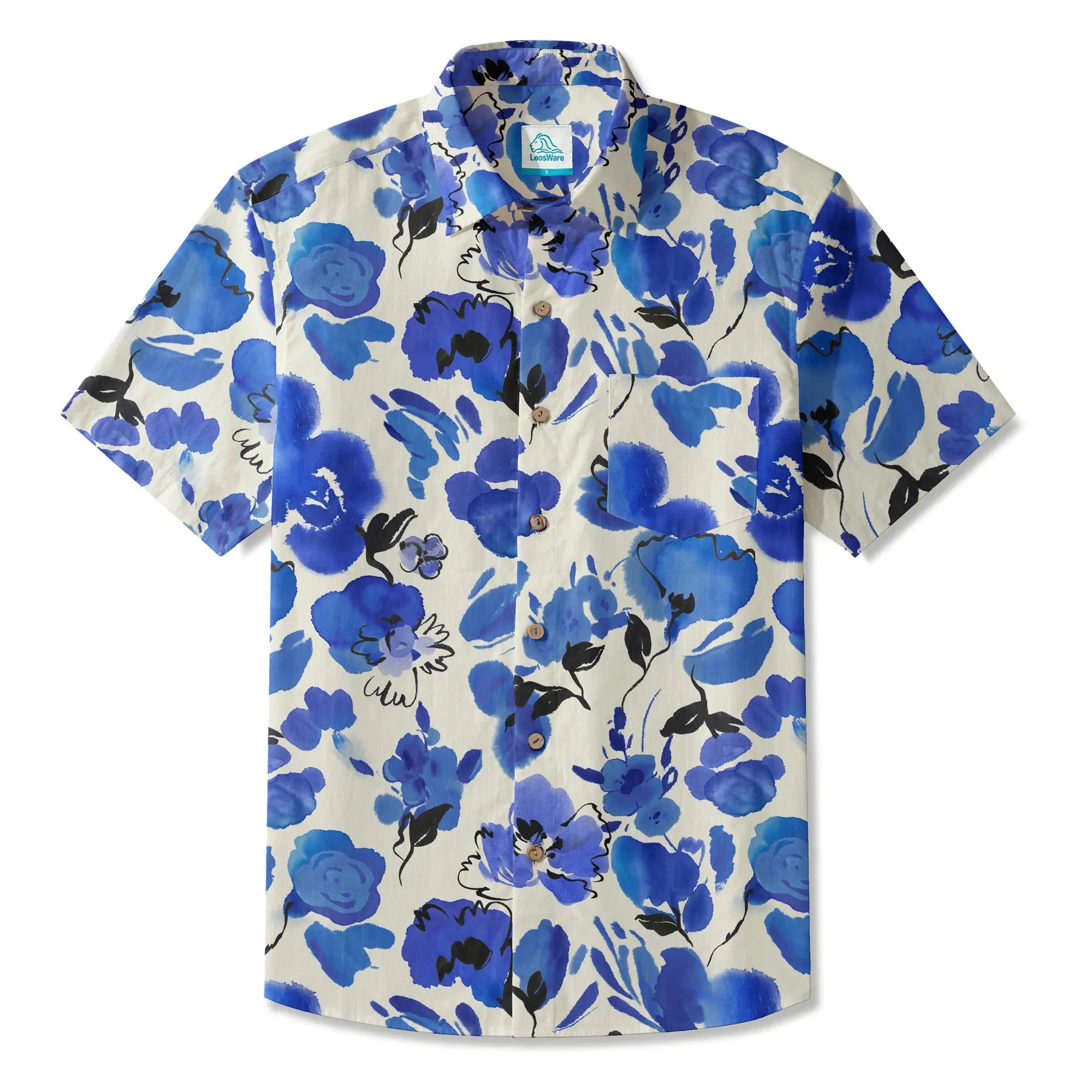 LeosWare® Men's Hawaiian Shirt Short Sleeve Button-up 100% Cotton Blue Aloha Ink Blue Florals By Huan huan
