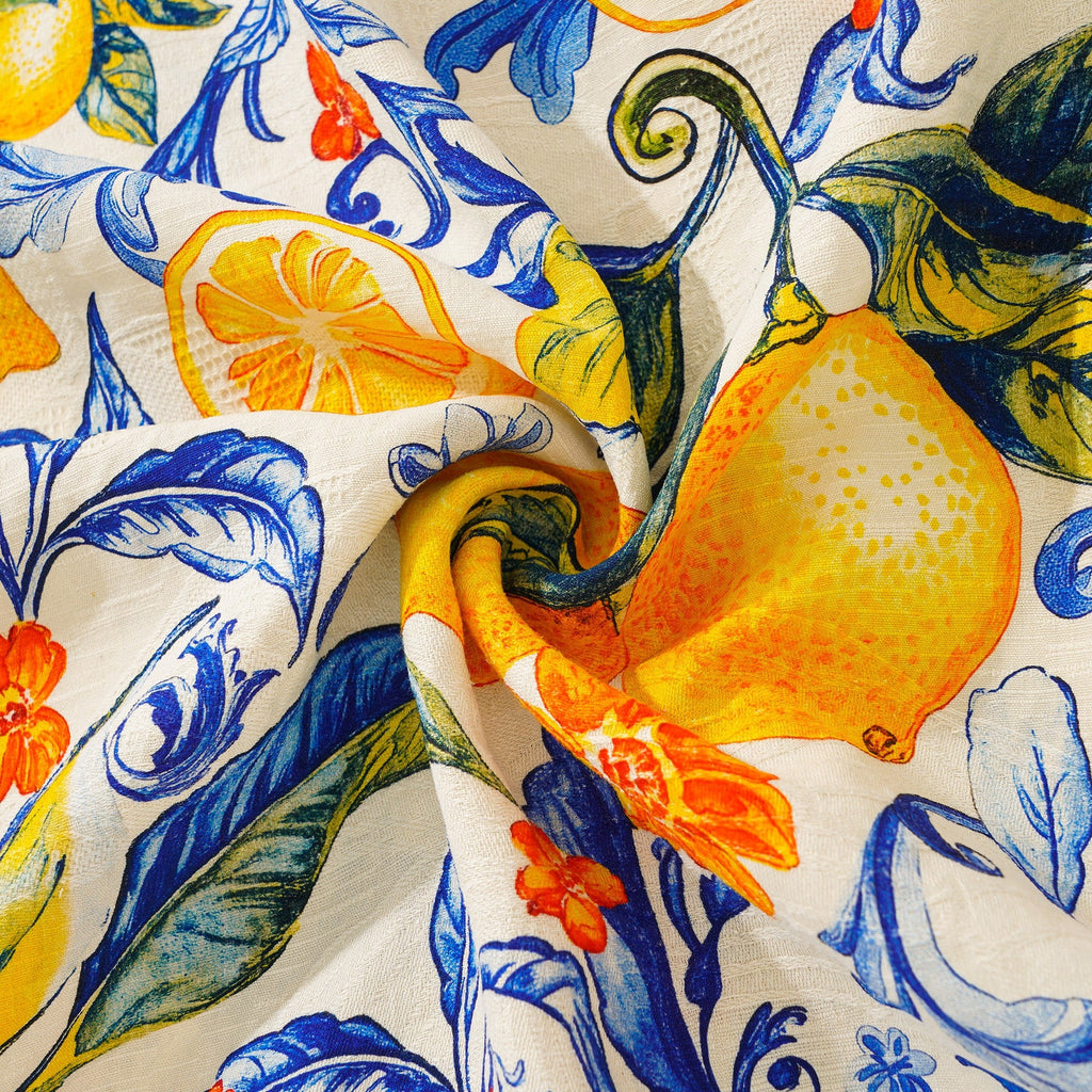 100% Silk Men's Hawaiian Shirt Short Sleeve Camp Collar 100% Silk Blue Aloha Sunlit Lemons By Mo