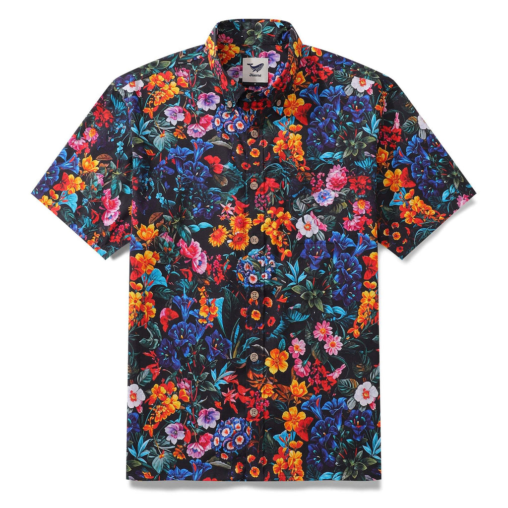Yiume Mens Floral Hawaiian Shirt Tropical Button-down Short Sleeve 100% Cotton Shirt Colorful Garden By Seven