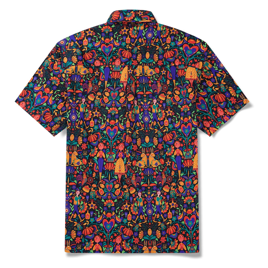 Men's Hawaiian Shirt Short Sleeve Button-down 100% Cotton Black Aloha Scandinavian Folk Party By Pallavi Chaudhary
