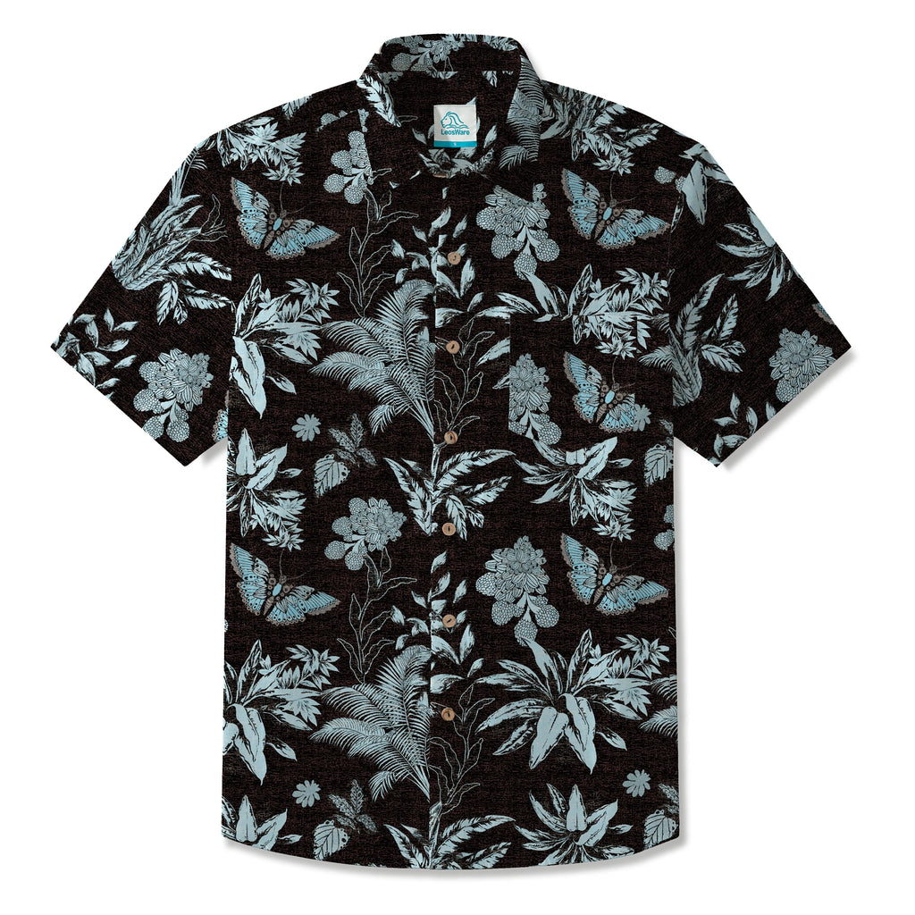 LeosWare® Men's Hawaiian Shirt Short Sleeve Button-up 100% Cotton Black Aloha Mystical Flowers And Butterflies By Patch