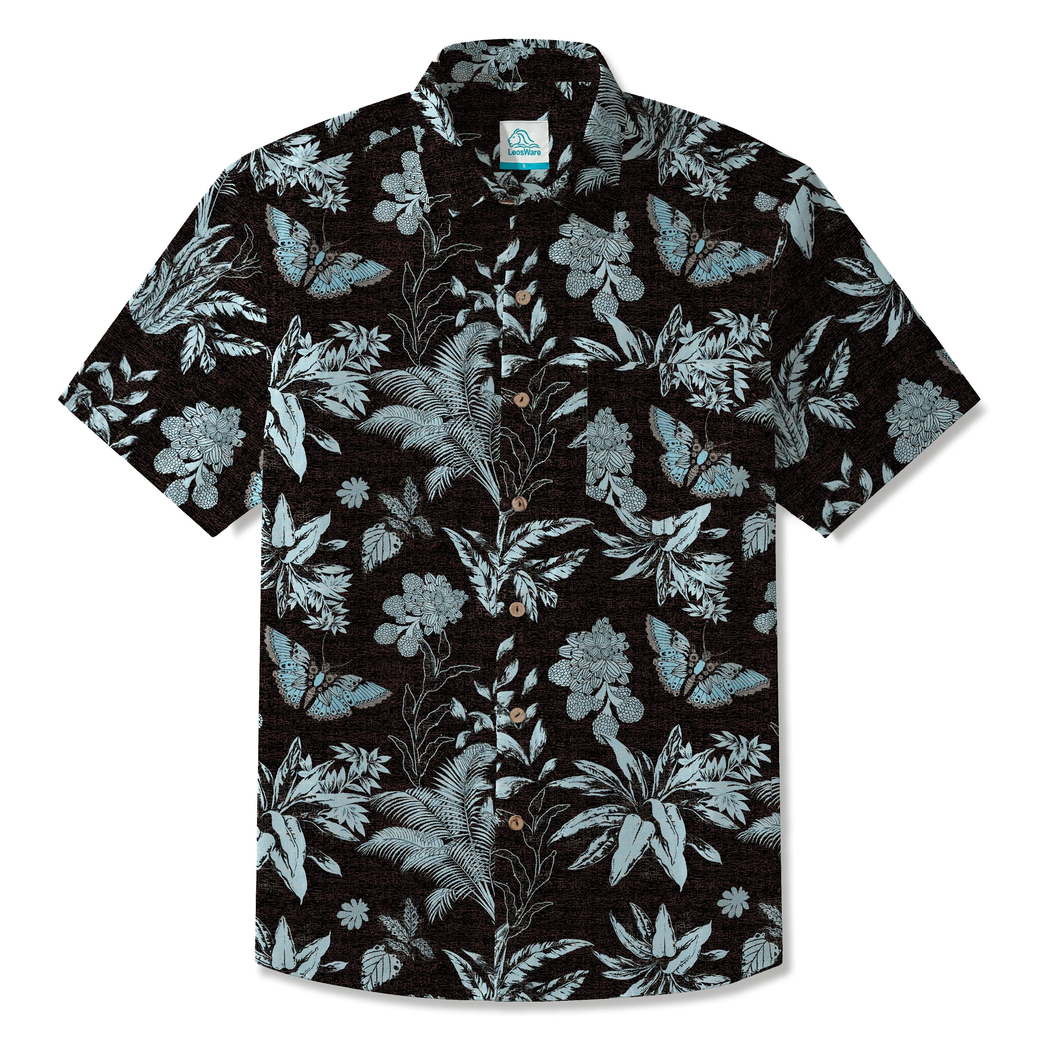 LeosWare® Men's Hawaiian Shirt Short Sleeve Button-up 100% Cotton Black Aloha Mystical Flowers And Butterflies By Patch