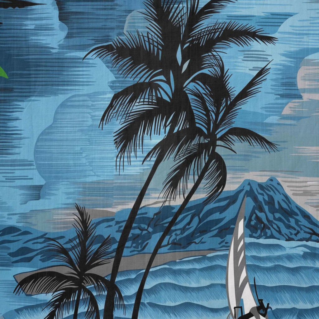 LeosWare® Men's Hawaiian Shirt Short Sleeve Button-up 100% Cotton Blue Aloha Blue-tinged Island Moonlit Night By Ann