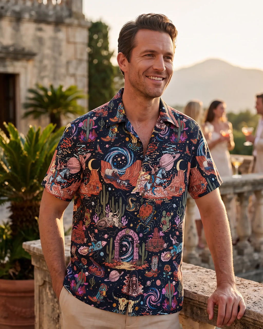 Men's Hawaiian Shirt Short Sleeve Camp Collar 100% Cotton Black Aloha Western Stardust - Black By Mo