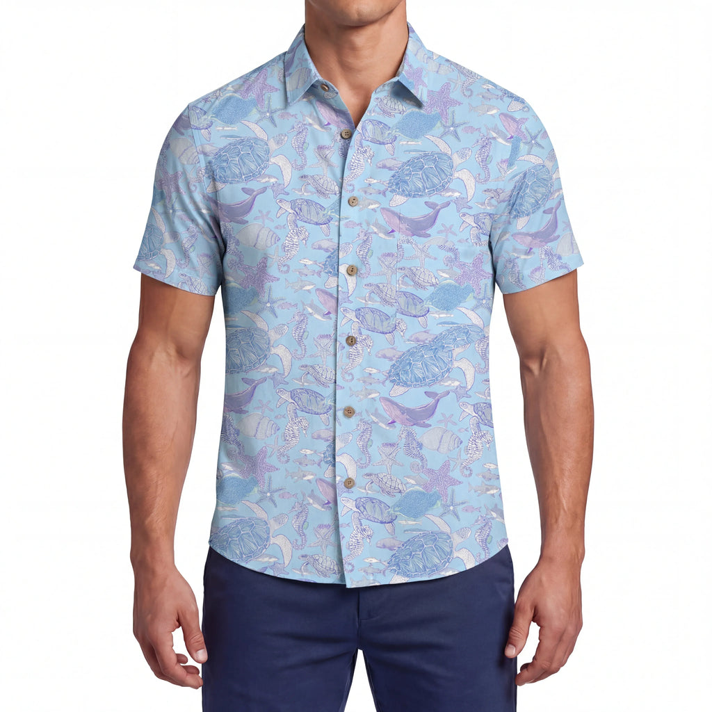 LeosWare® Men's Hawaiian Shirt Short Sleeve Button-up 100% Cotton Blue Aloha Sea Turtle Serenade By Ann