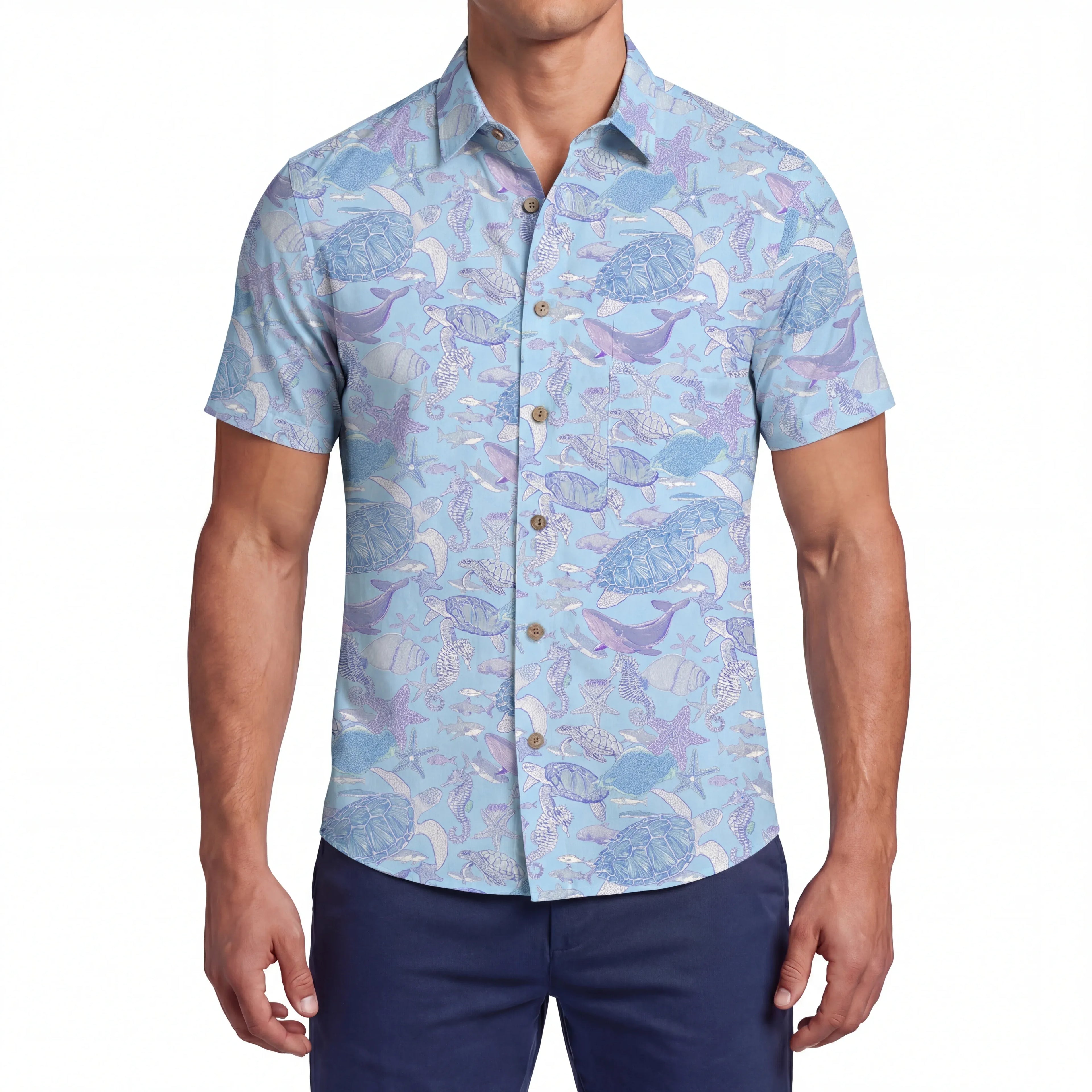 LeosWare® Men's Hawaiian Shirt Short Sleeve Button-up 100% Cotton Blue Aloha Sea Turtle Serenade By Ann