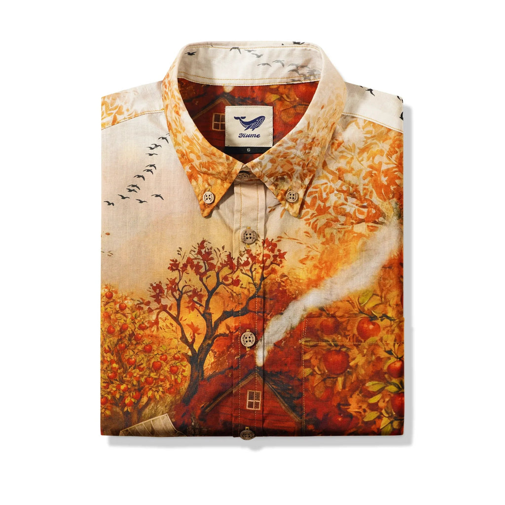 Chemise Hawaiian pour Homme à Manches Courtes Boutonnée 100% Coton Jaune Aloha Charme d'Automne Campagne Chute Pomme Chat Chien Jardin Campagne Récolte Par Huan huan