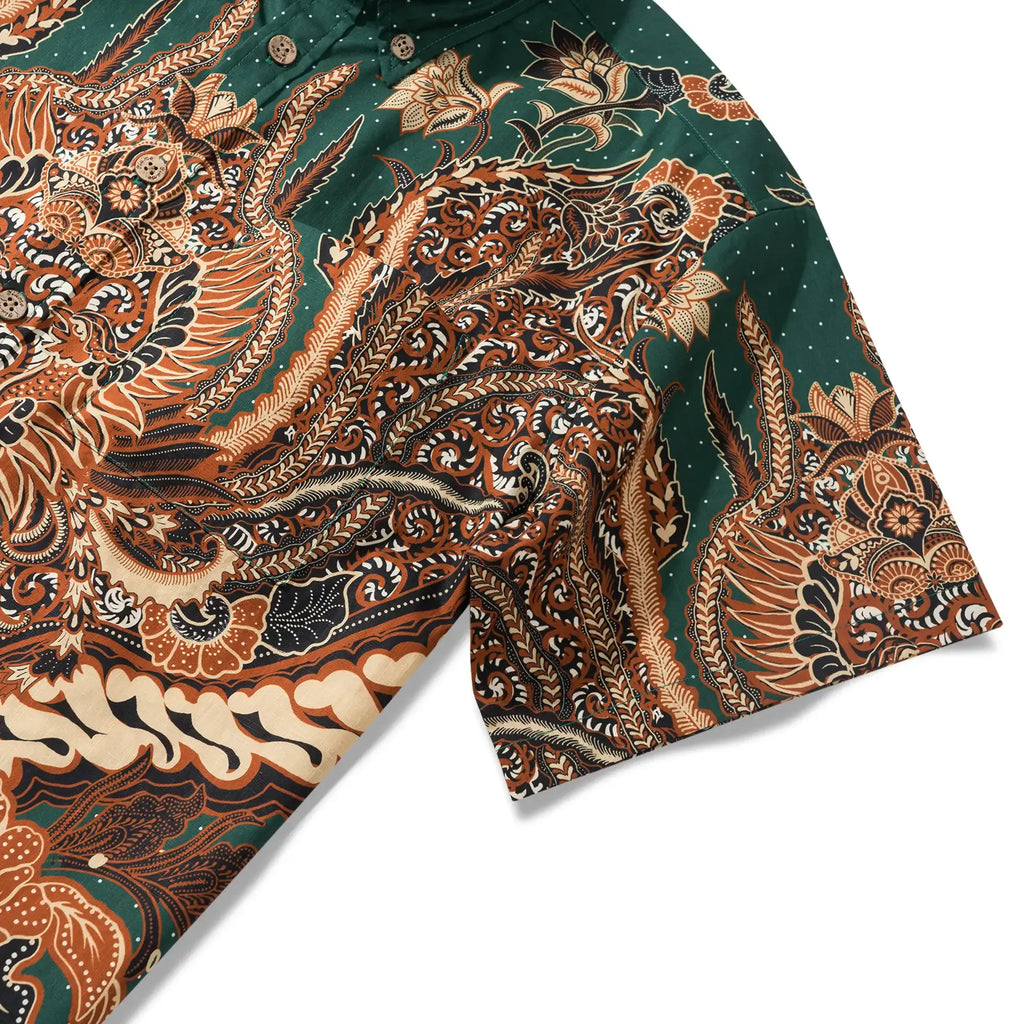 Indian Style Men's Hawaiian Shirt Short Sleeve Button-down 100% Cotton Green Aloha Phoenix Rebirth By Yana