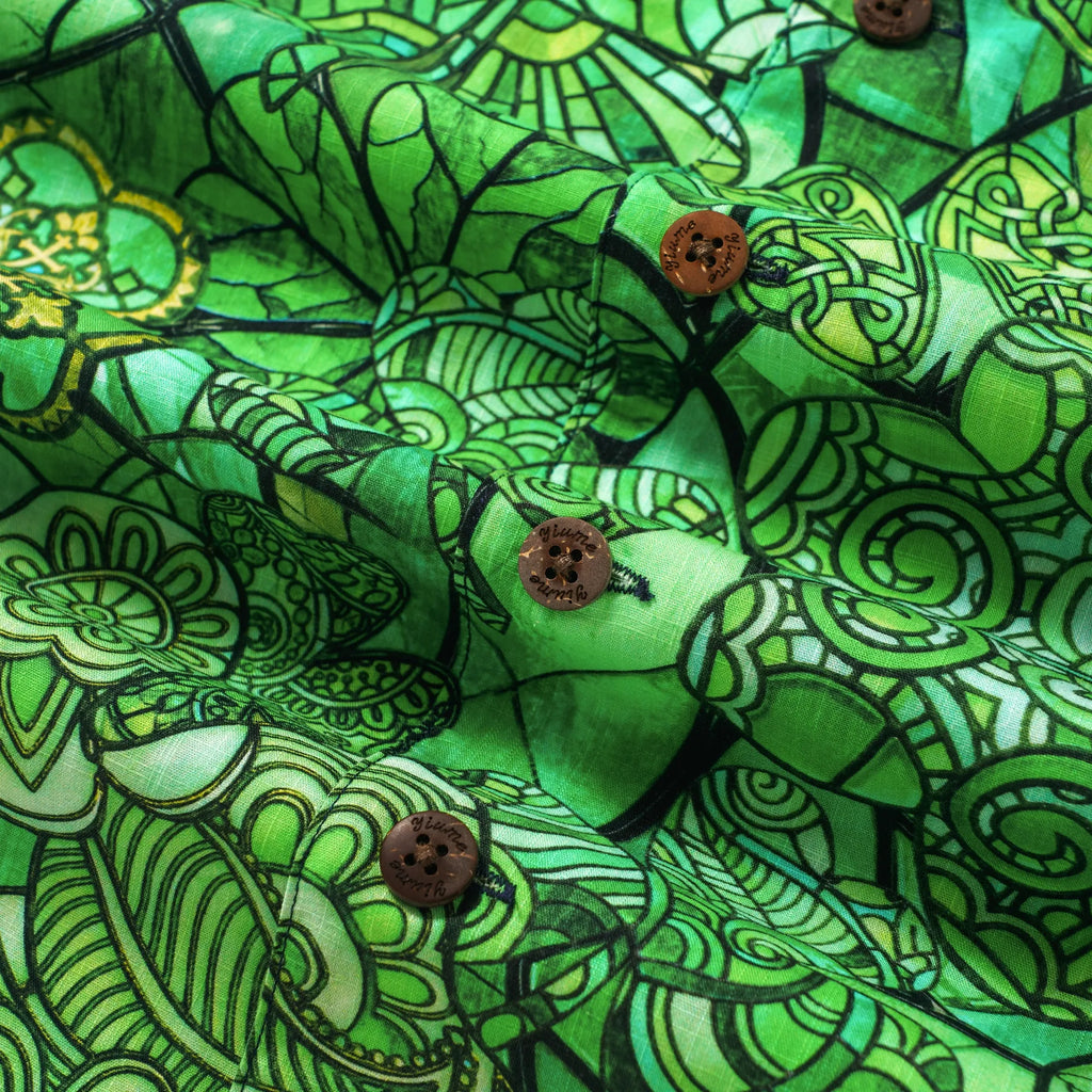 St. Patrick's Day Gift Men's Hawaiian Shirt Short Sleeve Camp Collar 100% Cotton Green Aloha Green Glass Lucky Four-leaf Clover By Mo