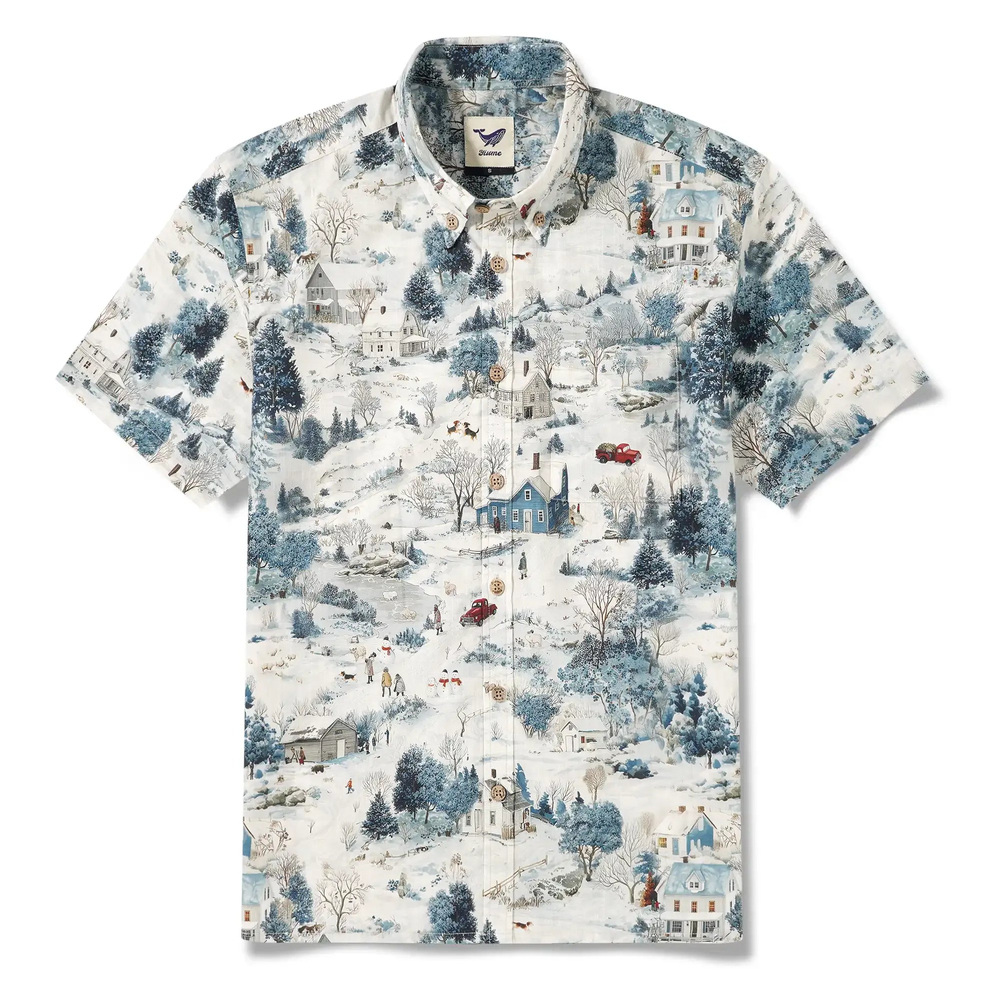 Men's Hawaiian Shirt Short Sleeve Button-down 100% Cotton Blue Aloha Snowy Countryside Chronicles By Huan huan