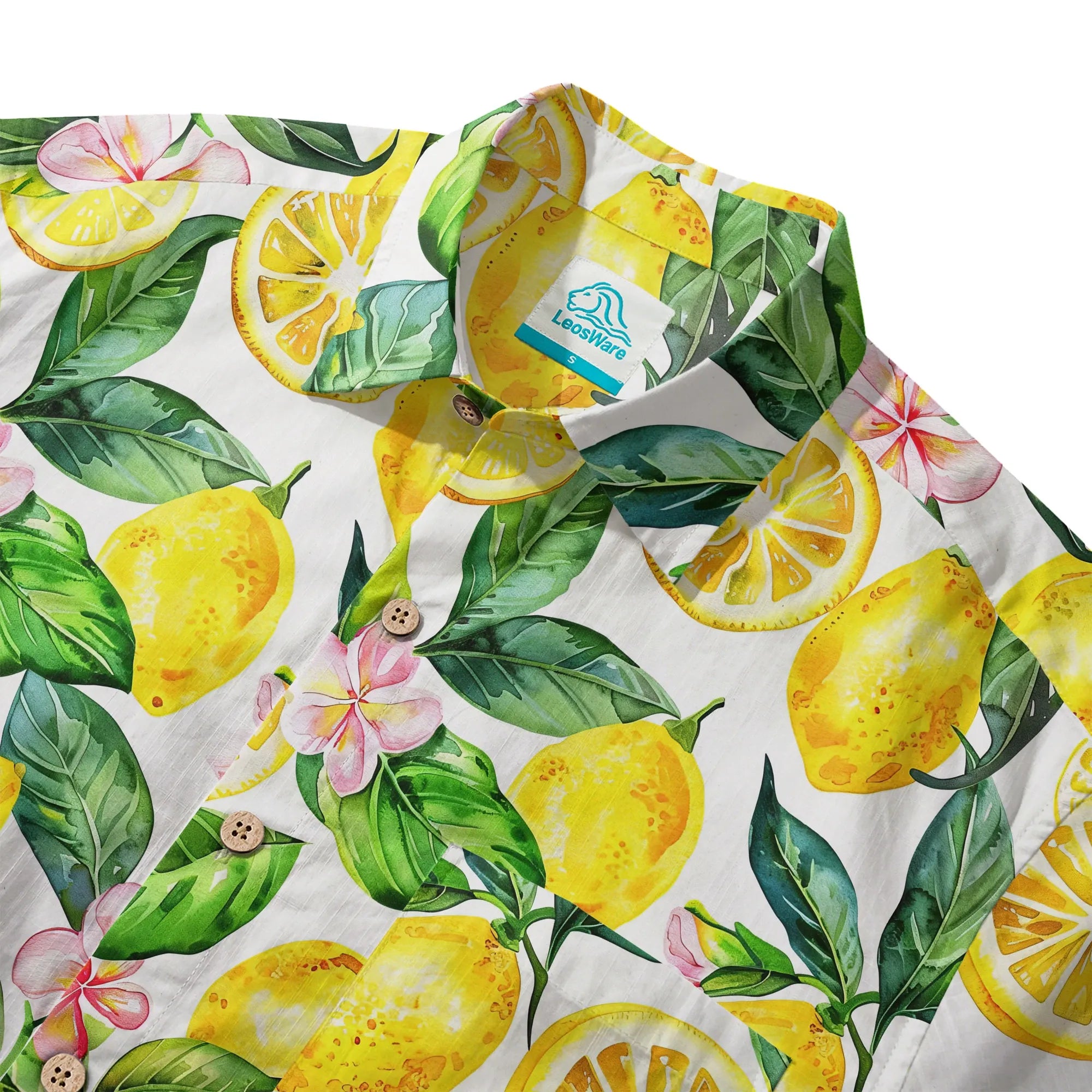 LeosWare® Men's Hawaiian Shirt Short Sleeve Button-up 100% Cotton Yellow Aloha Lemon Summer Essence By Ann