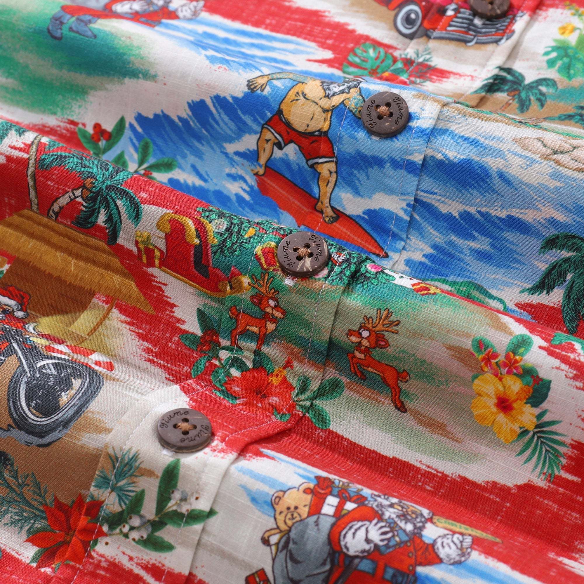 Christmas Santa's Wild Rides: Harley and Surf Men's Button-down Shirt 100% Cotton Santa Claus On A Harley By Amy