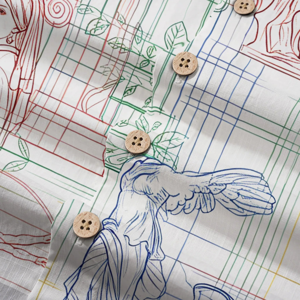 LeosWare® Men's Hawaiian Shirt Short Sleeve Button-up 100% Cotton White Aloha Renaissance Outline Sketches By Ann