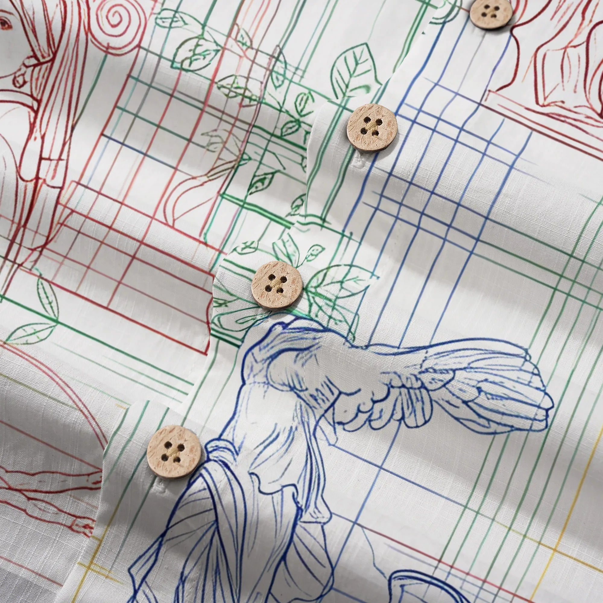 LeosWare® Men's Hawaiian Shirt Short Sleeve Button-up 100% Cotton White Aloha Renaissance Outline Sketches By Ann