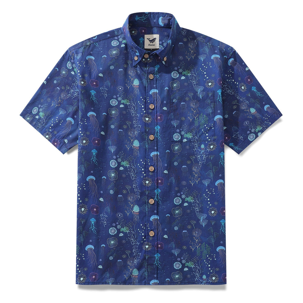 Men's Deep Blue Hawaiian Shirt 100% Cotton Button-down Short Sleeve Jellyfish Aloha Shirt By Catharina Edlund