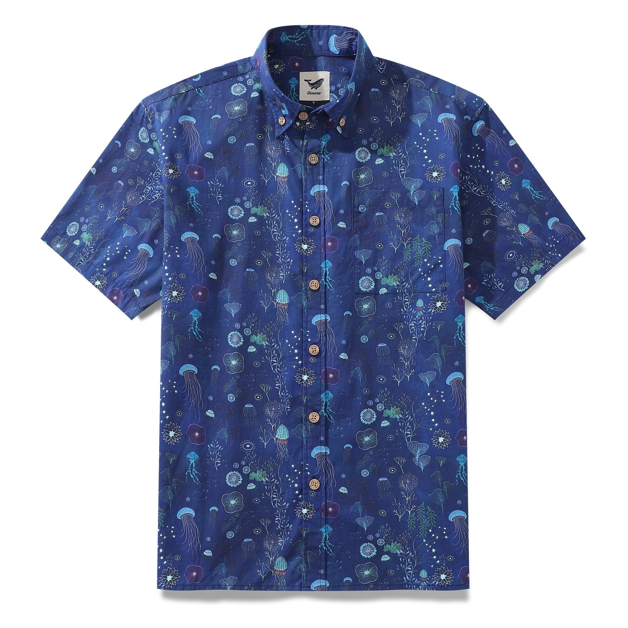 Men's Deep Blue Hawaiian Shirt 100% Cotton Button-down Short Sleeve Jellyfish Aloha Shirt By Catharina Edlund
