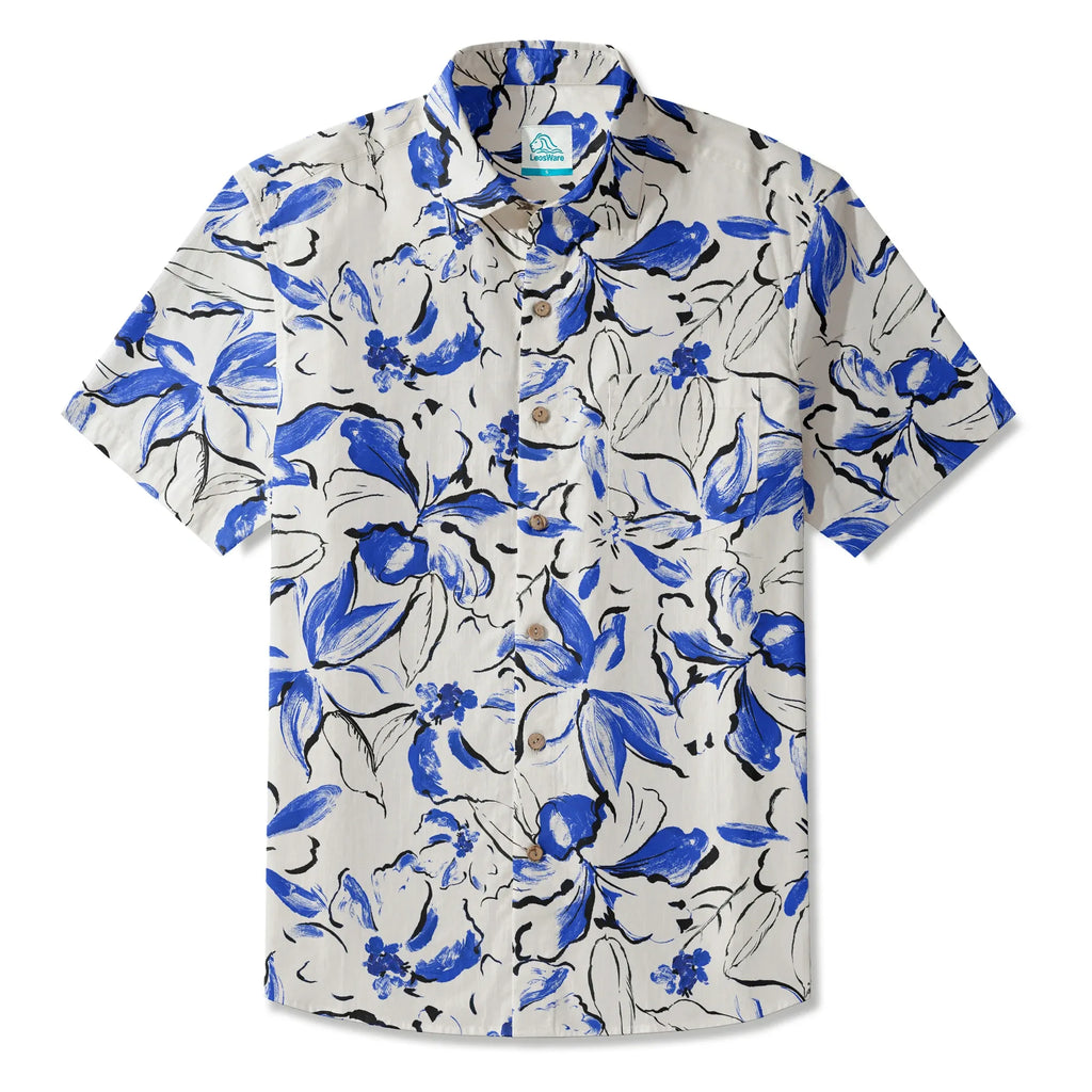 LeosWare® Men's Hawaiian Shirt Short Sleeve Button-up 100% Cotton Blue Aloha Indigo Blossoms Brushstroke By Huan huan