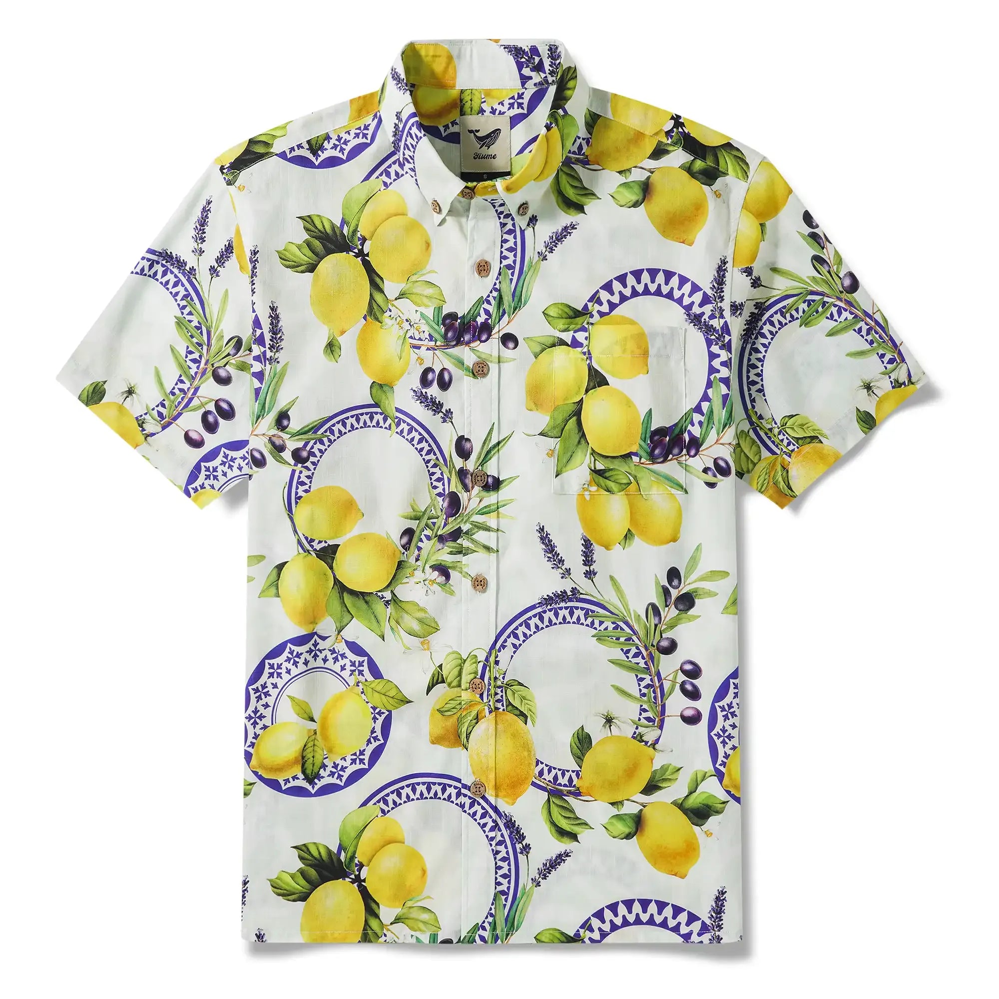 Men's Hawaiian Shirt Short Sleeve Button-down 100% Cotton Yellow Aloha Lemon, Olive, And Lavender Harmony Symphony By Huan huan