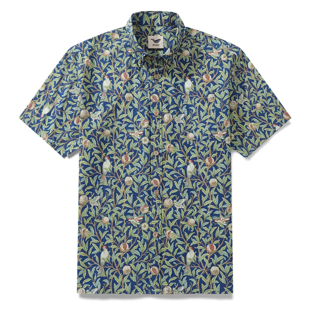 Men's Morris Hawaiian Shirt 1960s Retro Shirt Cotton Button-down Short Sleeve Aloha Shirt Birds And Pomegranates By Amy
