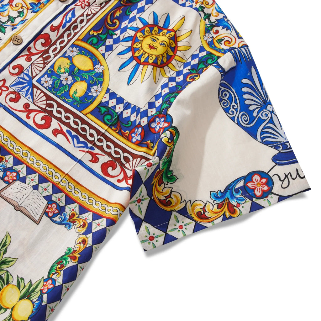 Men's Hawaiian Shirt Short Sleeve Button-down 100% Cotton Blue Flower Aloha Lemon Sicily Venice By Huan huan