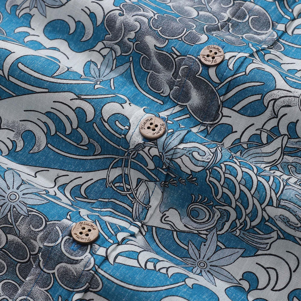 Hawaiian Shirt For Men Koi Waves Button-down Shirt Short Sleeve 100% Cotton Shirt By Cigar