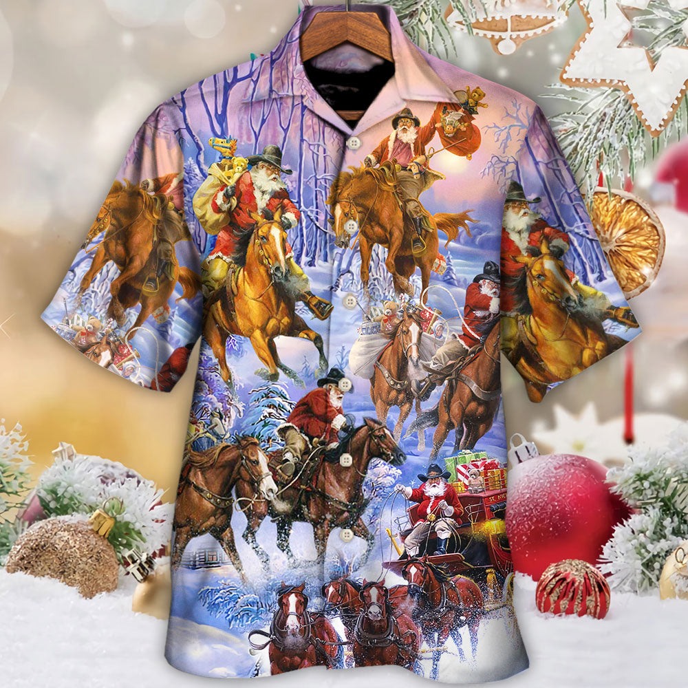 Christmas Santa And Horse Ho Ho Ho Everywhere Merry  Xmas - Hawaiian Shirt
