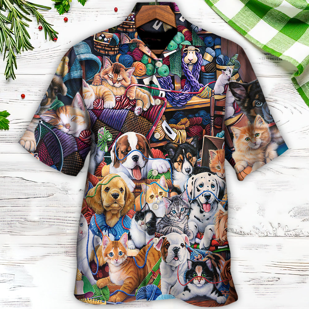 Dog And Cat Play Yarn Together - Hawaiian Shirt