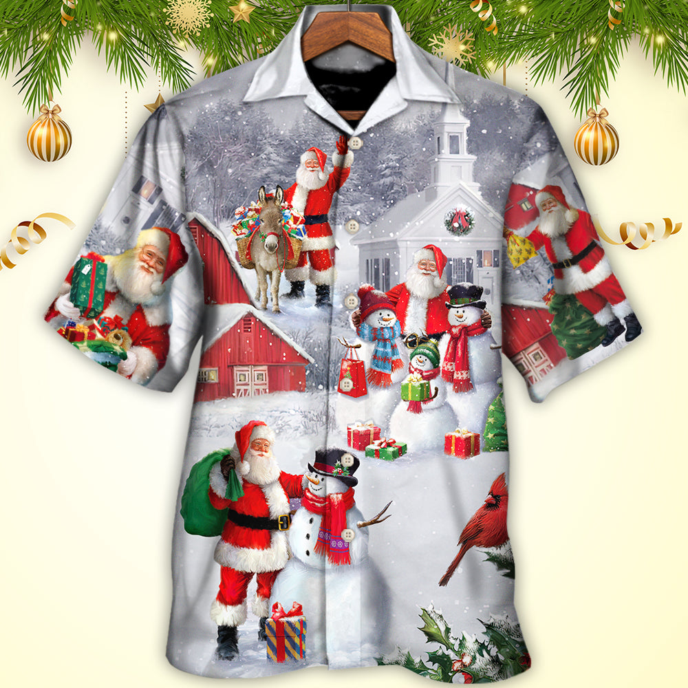 Christmas Santa Claus With Snowman Family In The Town Art Style - Hawaiian Shirt