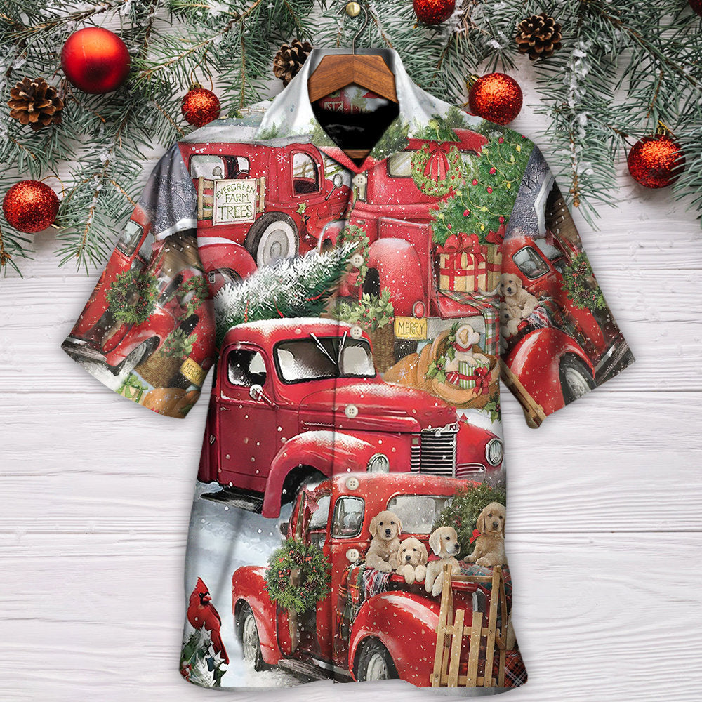Christmas Red Truck With Xmas Tree And Little Puppy - Hawaiian Shirt