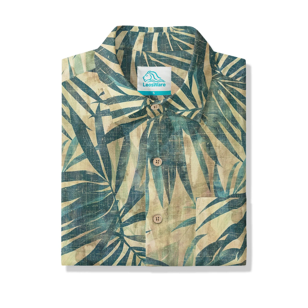 LeosWare® Men's Hawaiian Shirt Short Sleeve Button-up 100% Cotton Green Aloha Vintage Palm By Ann