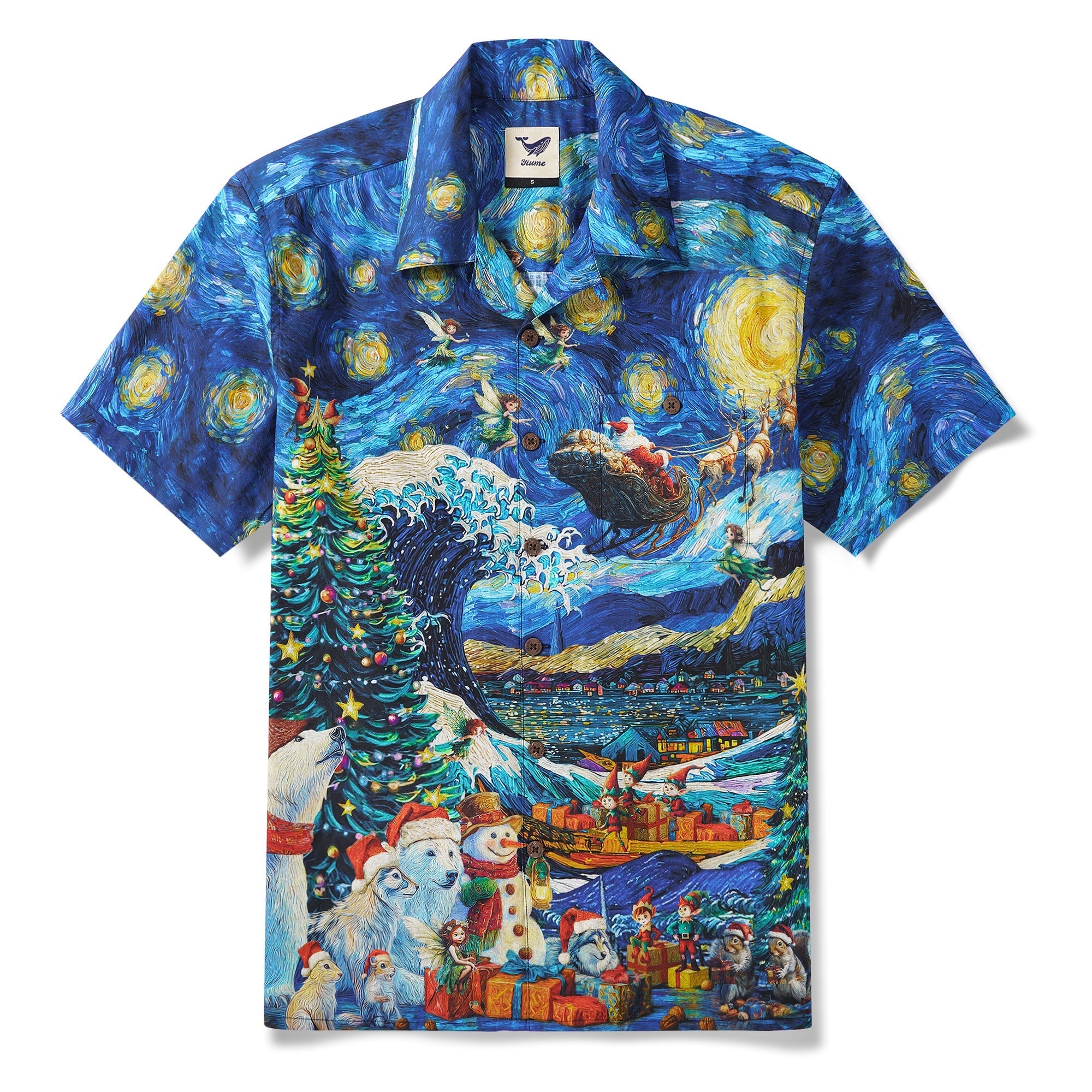Christmas Gift Men's Hawaiian Shirt Van Gogh Art Shirt Camp Collar 100% Cotton Blue Starry Christmas Magic With Van Gogh By Huan huan