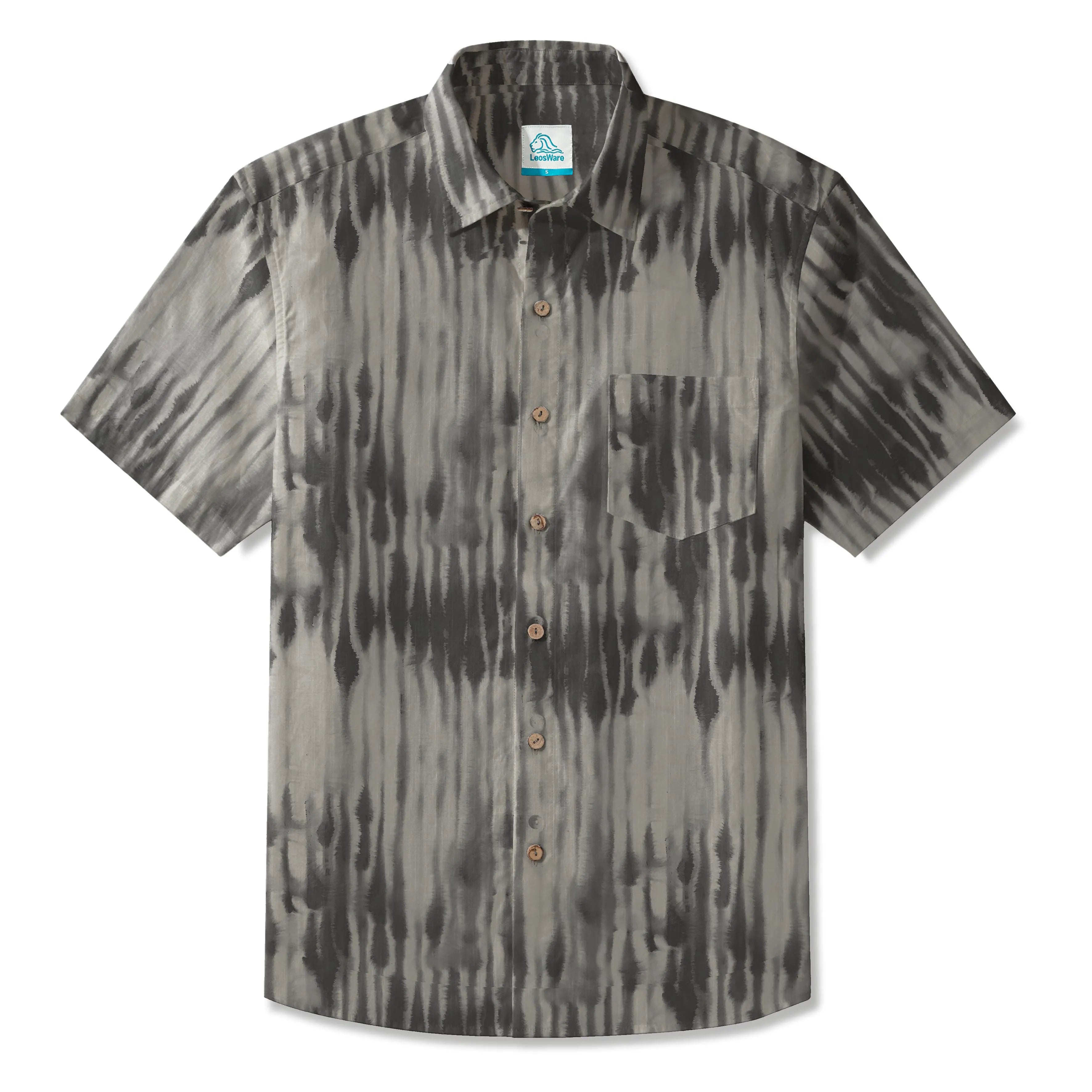 LeosWare® Men's Hawaiian Shirt Short Sleeve Button-up 100% Cotton Gray Aloha Simplified Ink Rhythms By Huan huan