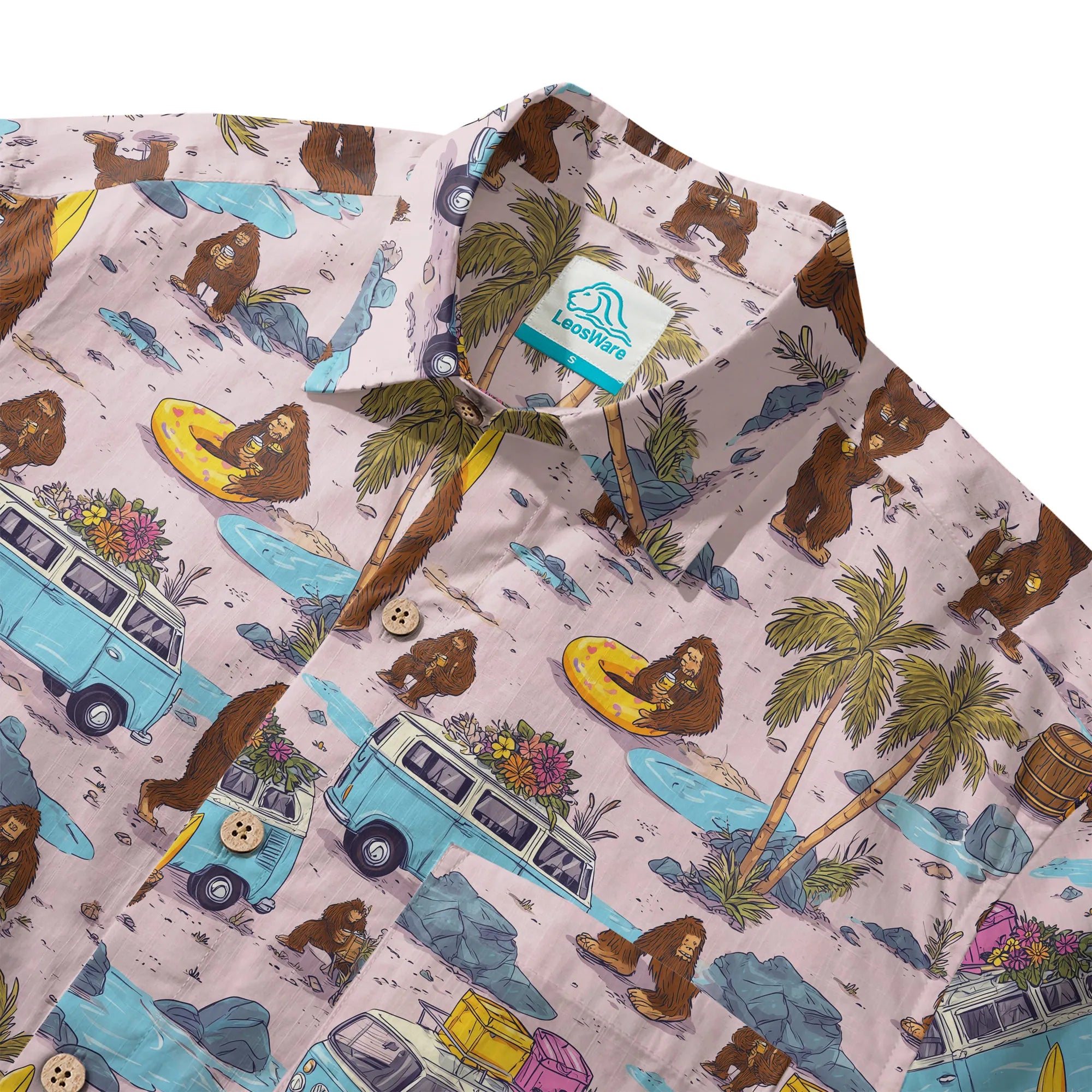 LeosWare® Men's Hawaiian Shirt Short Sleeve Button-up 100% Cotton Aloha Pink Camping With Bigfoot By Ann