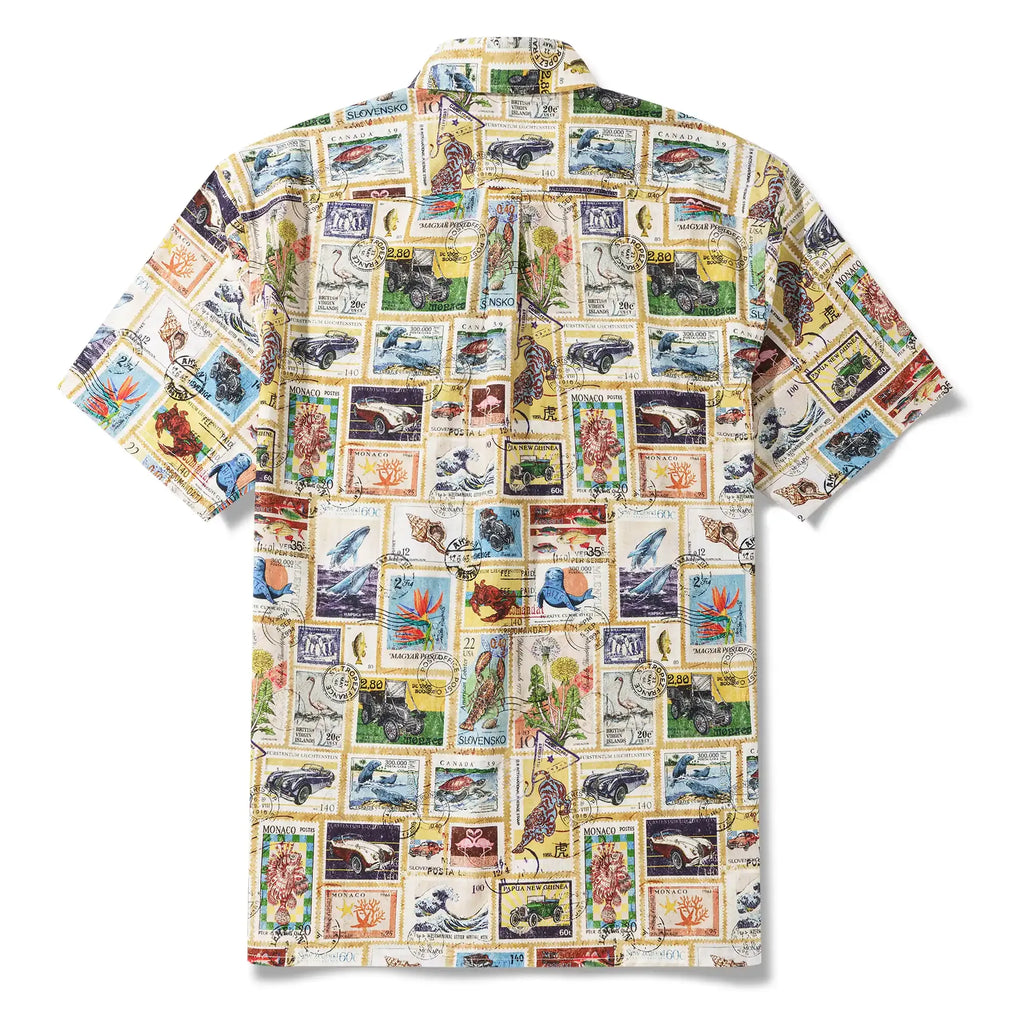 Men's Hawaiian Shirt Short Sleeve Button-down 100% Cotton White Aloha Nautical Vintage Car Postage Stamp Collage By Huan huan