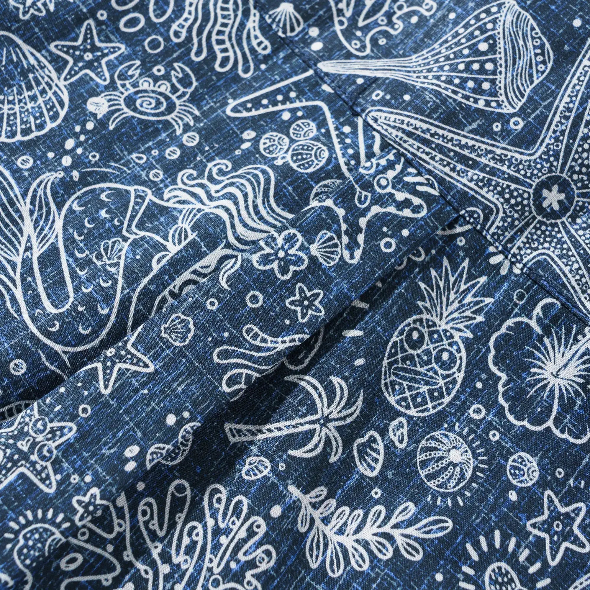 Men's Hawaiian Shirt Short Sleeve Button-down 100% Cotton Beige Aloha Coastal Doodle - Navy Blue By Huan huan