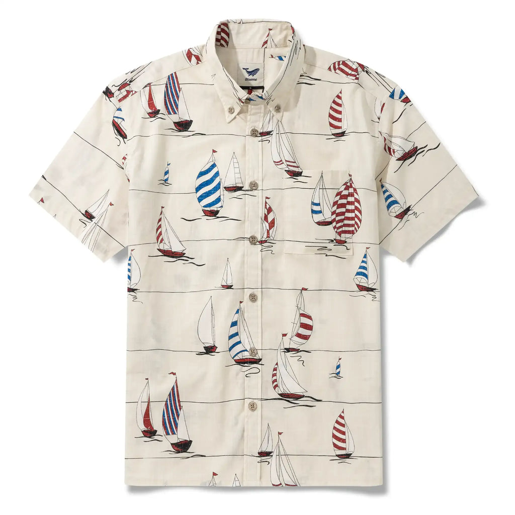 Men's Hawaiian Shirt Short Sleeve Button-down 100% Cotton Blue Aloha Sail into the Horizon By Huan huan