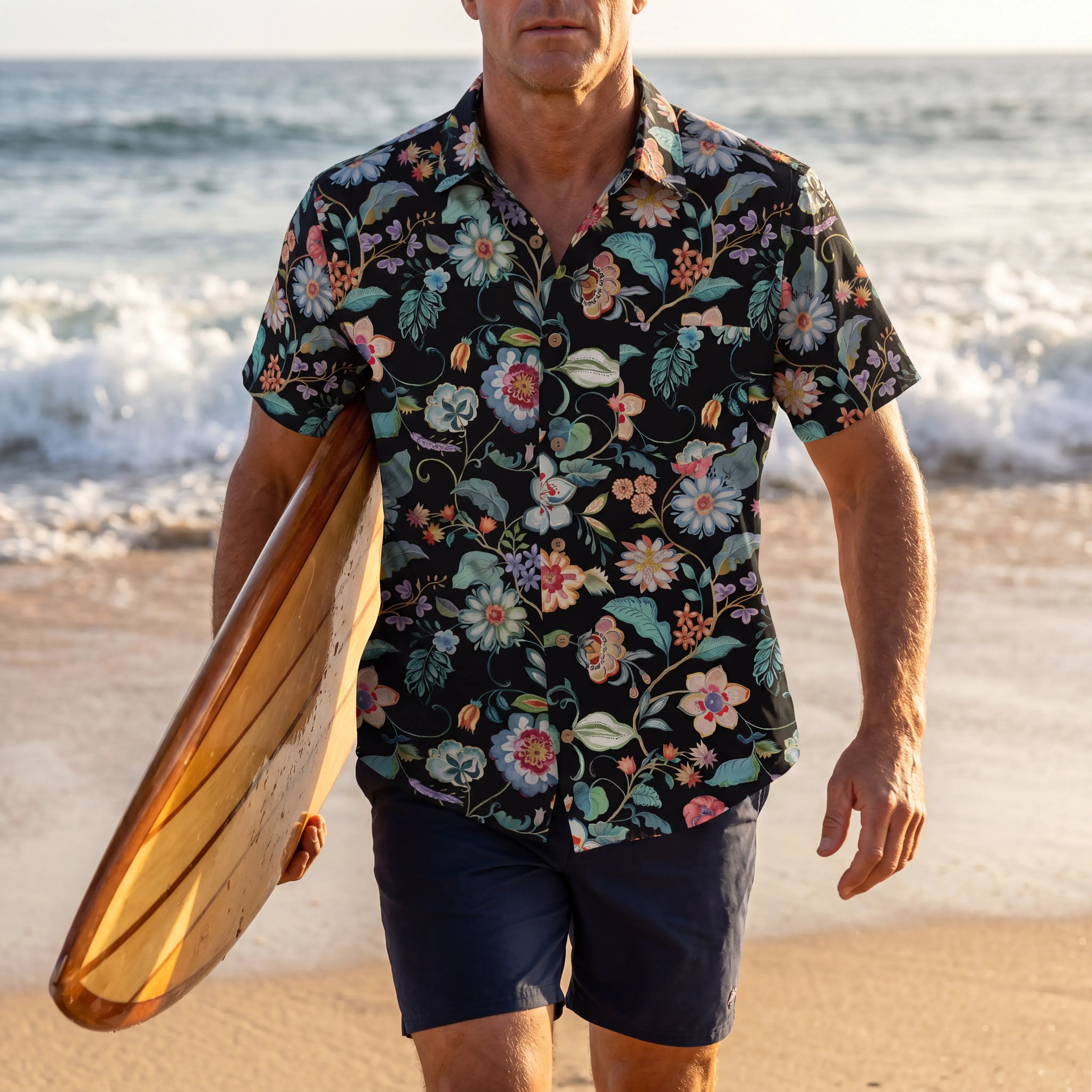 LeosWare® Men's Hawaiian Shirt Short Sleeve Button-up 100% Cotton Blue Aloha Black Garden Splendor By Huan huan