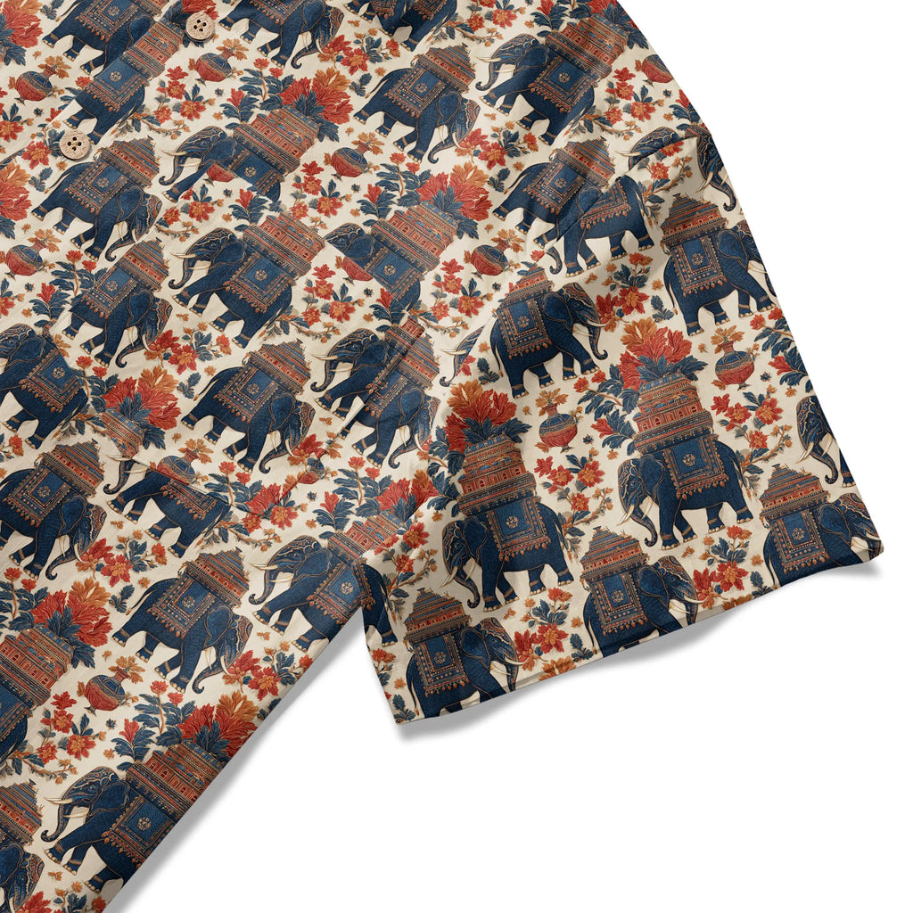 Elephant LeosWare® Men's Hawaiian Shirt Short Sleeve Button-up 100% Cotton Beige Aloha Temple Of The Elephant God By Ann