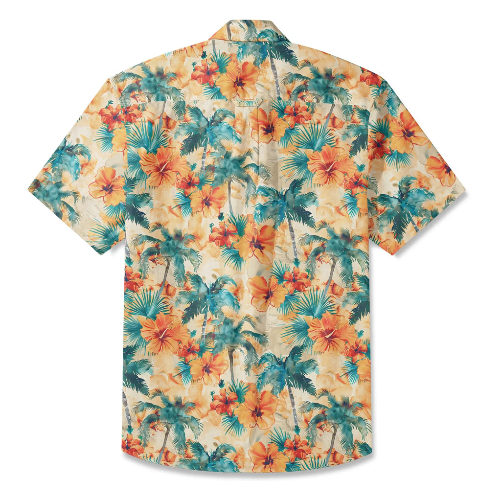 LeosWare® Men's Hawaiian Shirt Short Sleeve Button-up 100% Cotton Orange Aloha Sunset Orange Coconut Breeze By Ann