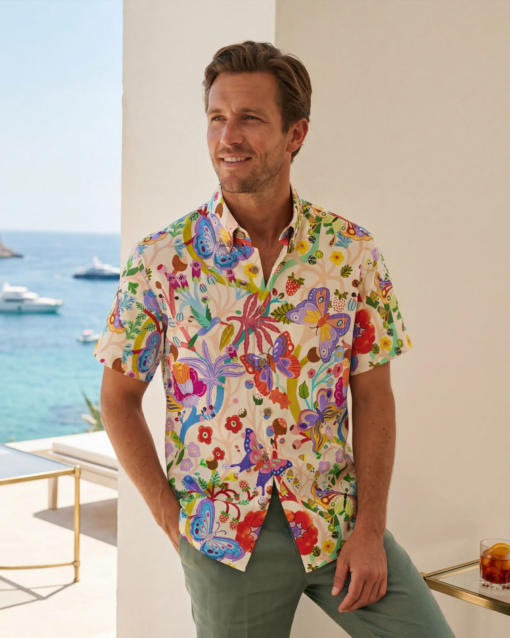 Men's Hawaiian Shirt Short Sleeve Button-down 100% Cotton Blue Aloha Butterfly Whispers By Huan huan
