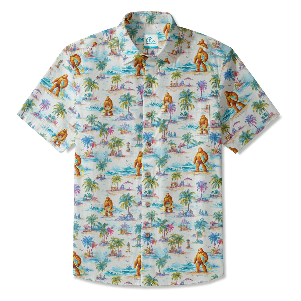 LeosWare® Men's Hawaiian Shirt Short Sleeve Button-up 100% Cotton White Aloha Surfing Vacation Of Bigfoot By Ann