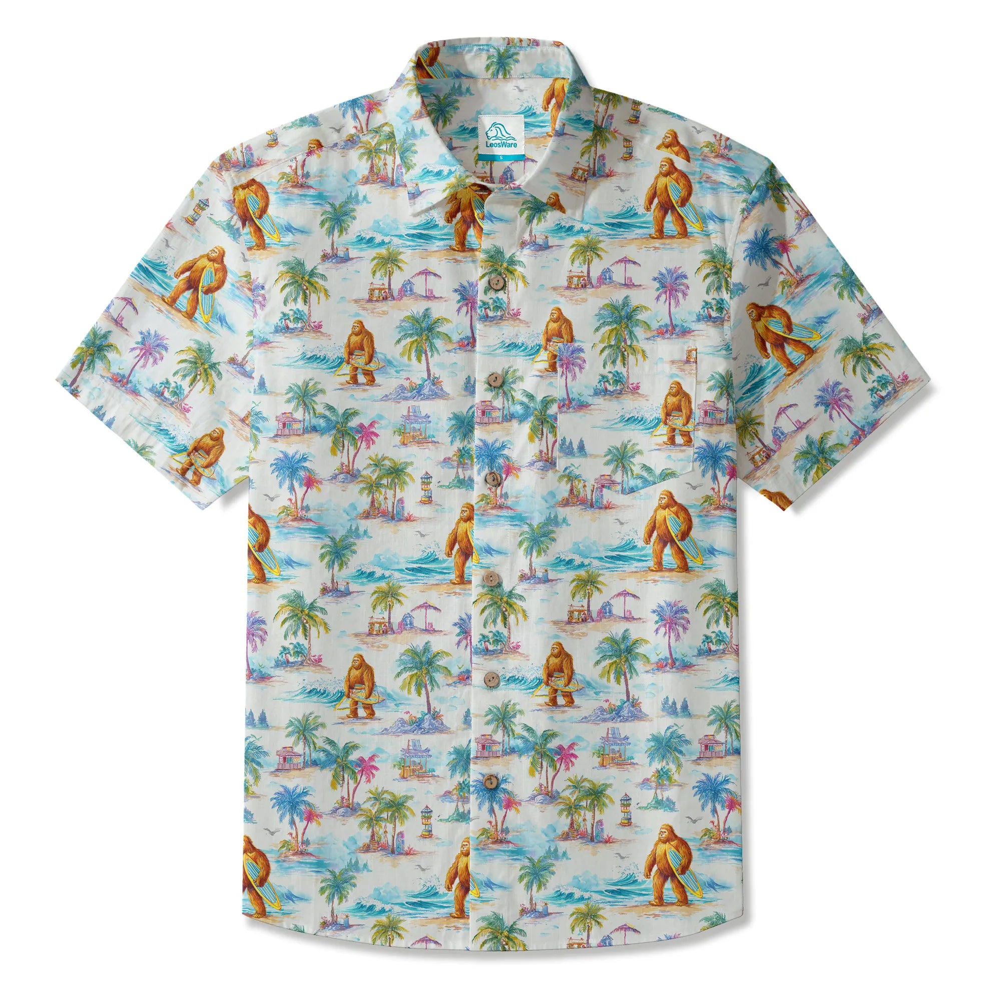 LeosWare® Men's Hawaiian Shirt Short Sleeve Button-up 100% Cotton White Aloha Surfing Vacation Of Bigfoot By Ann
