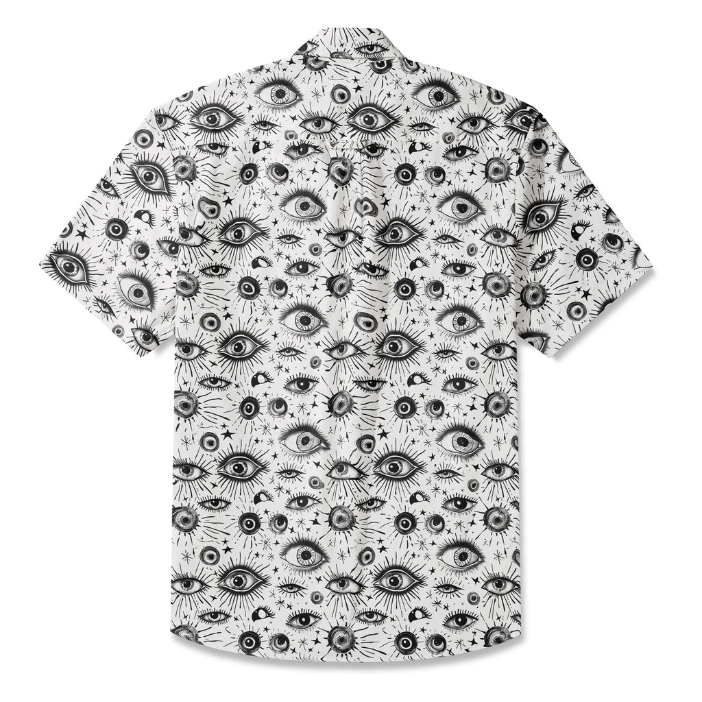 LeosWare® Men's Hawaiian Shirt Short Sleeve Button-up 100% Cotton White Aloha Starlight Eye Array By Ann