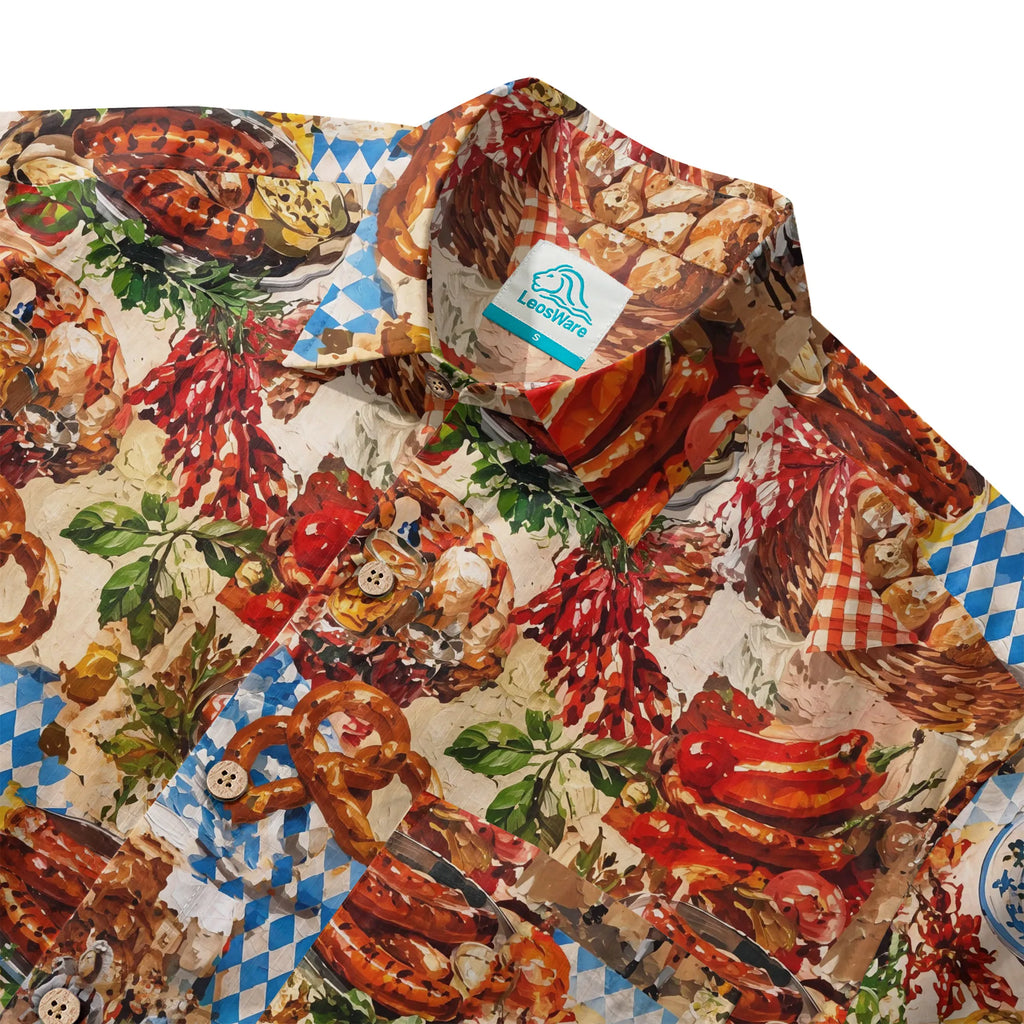 LeosWare® Men's Hawaiian Shirt Short Sleeve Button-up 100% Cotton Red Aloha Oil Painting Beer Festival Revelry By Ann