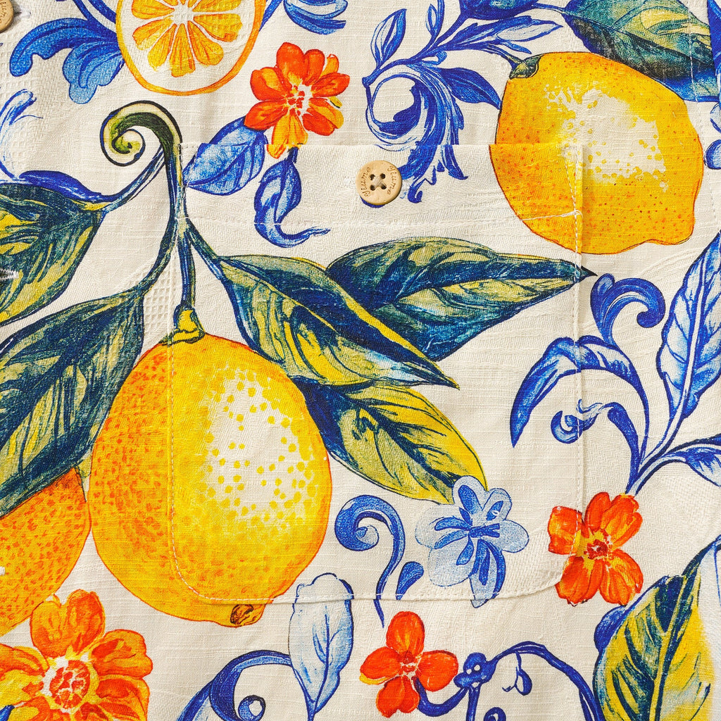 100% Silk Men's Hawaiian Shirt Short Sleeve Camp Collar 100% Silk Blue Aloha Sunlit Lemons By Mo